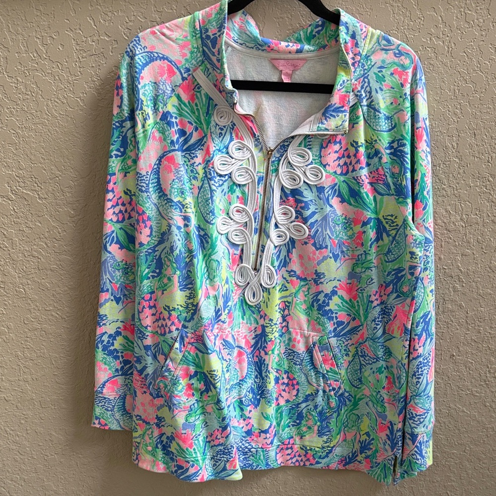 Lilly Pulitzer Pink, Blue & Green Printed Pullover with White Trim